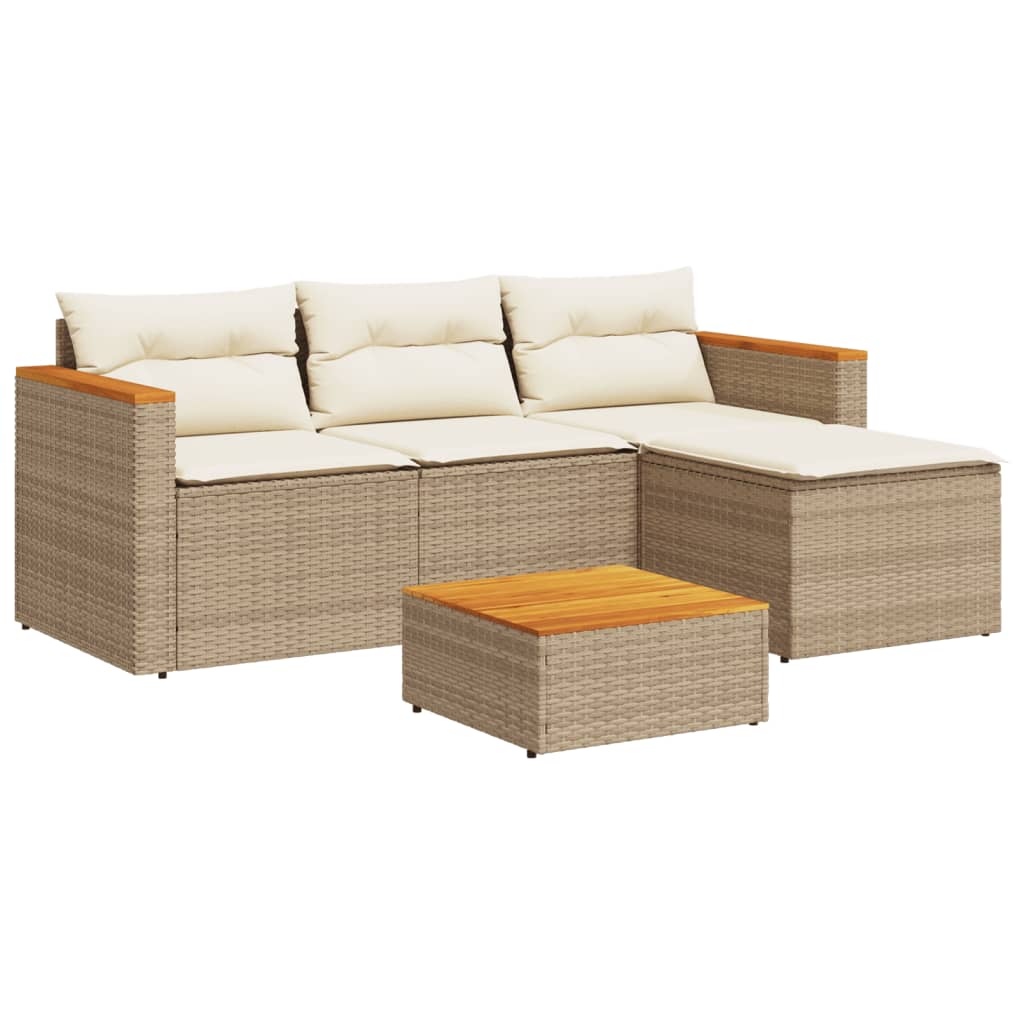 5-tlg. Garten-Sofagarnitur mit Kissen Beige Poly Rattan Akazie