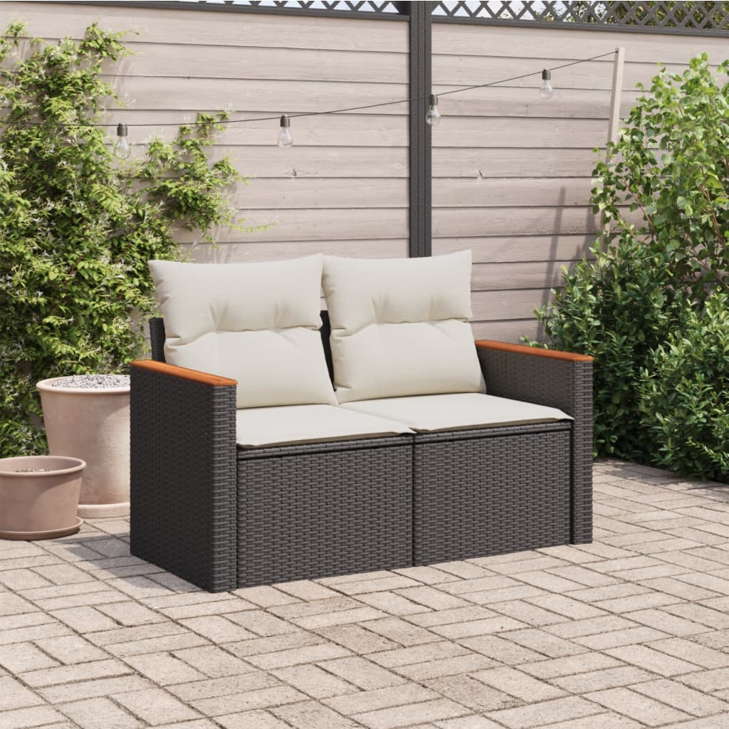 Havesofa med puder 2-personers sort polyrattan