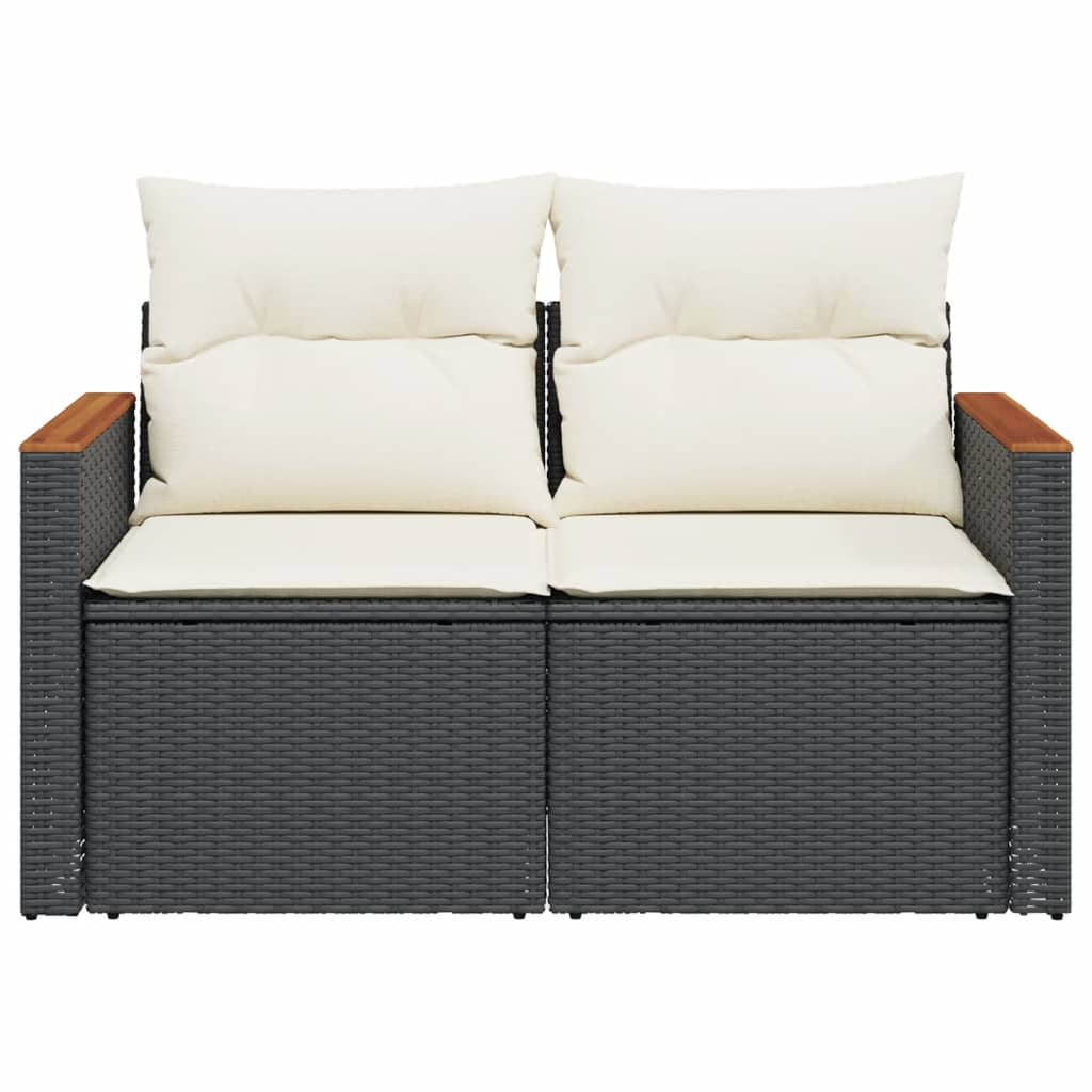 Havesofa med puder 2-personers sort polyrattan