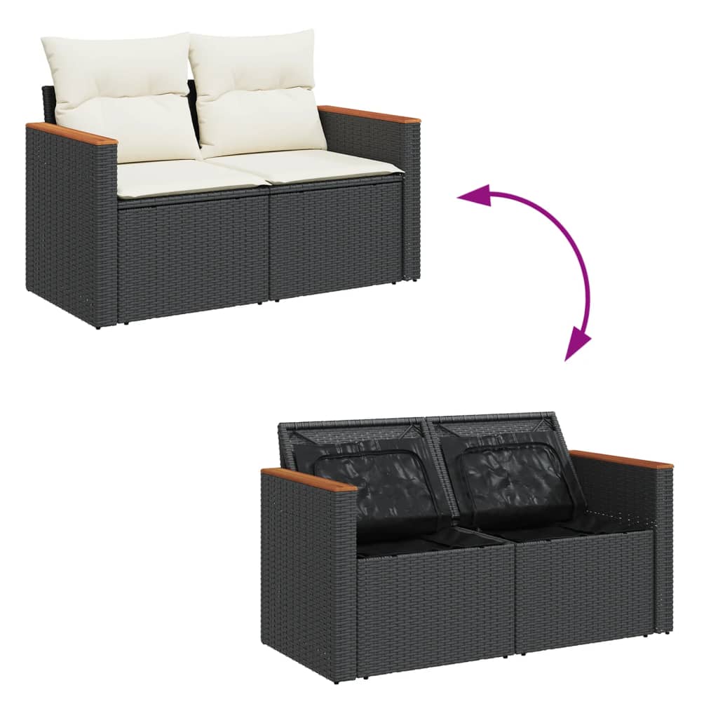 Havesofa med puder 2-personers sort polyrattan