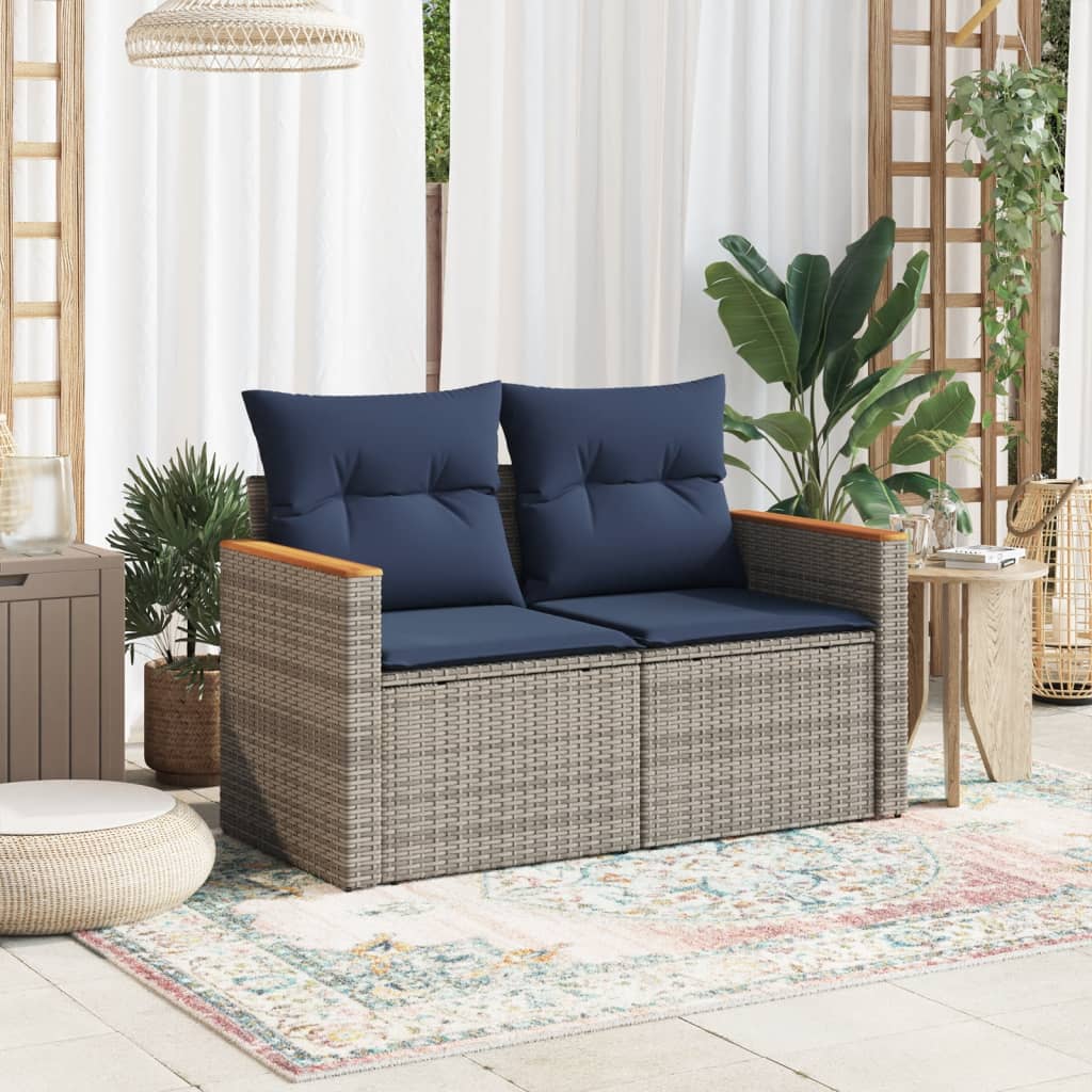 Gartensofa mit Kissen 2-Sitzer Grau Poly Rattan