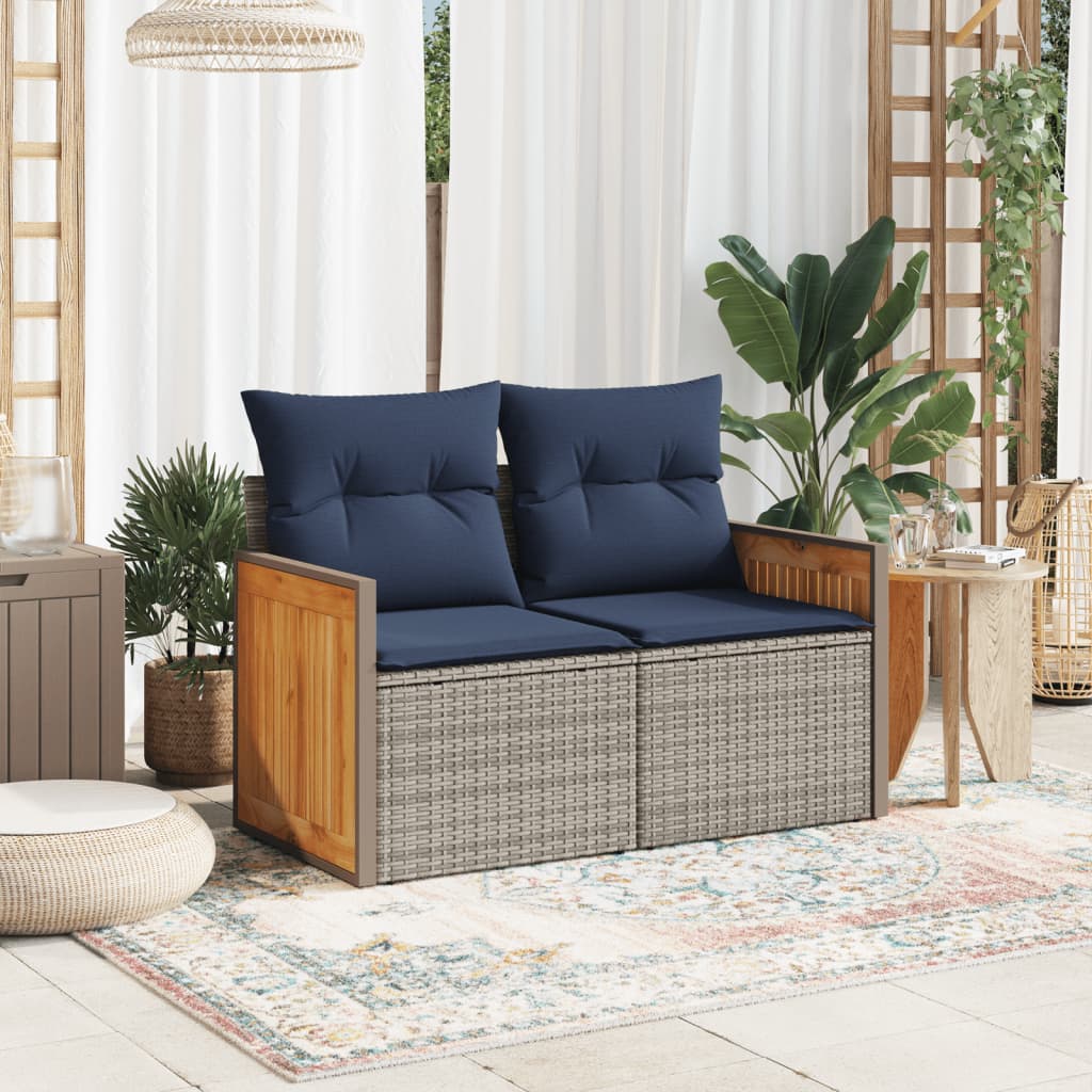 Gartensofa mit Kissen 2-Sitzer Grau Poly Rattan