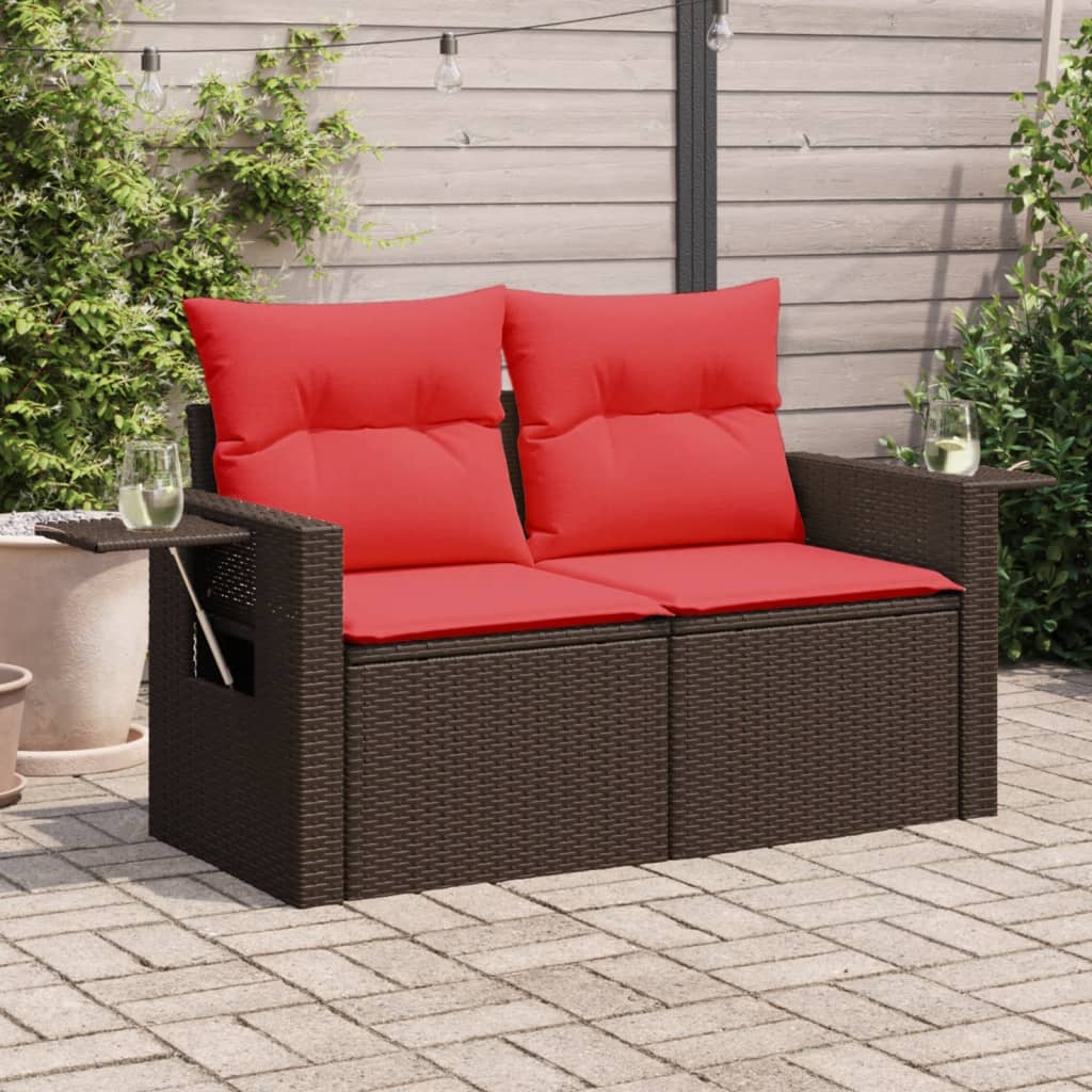Gartensofa mit Kissen 2-Sitzer Braun Poly Rattan