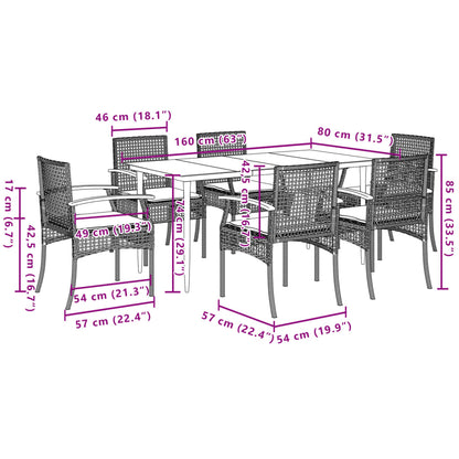 7-tlg. Garten-Essgruppe mit Kissen Schwarz Poly Rattan