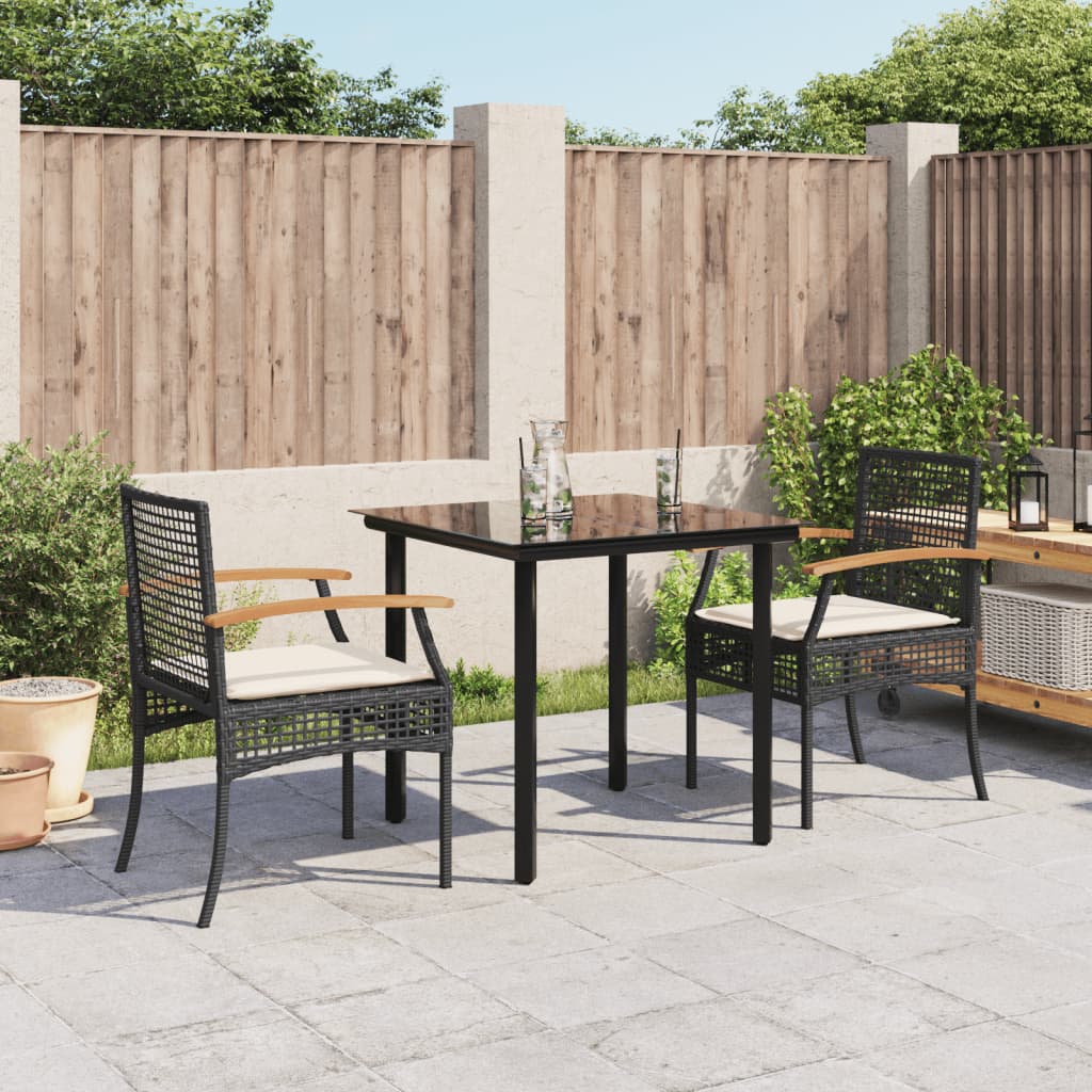 3-tlg. Garten-Essgruppe mit Kissen Schwarz Poly Rattan