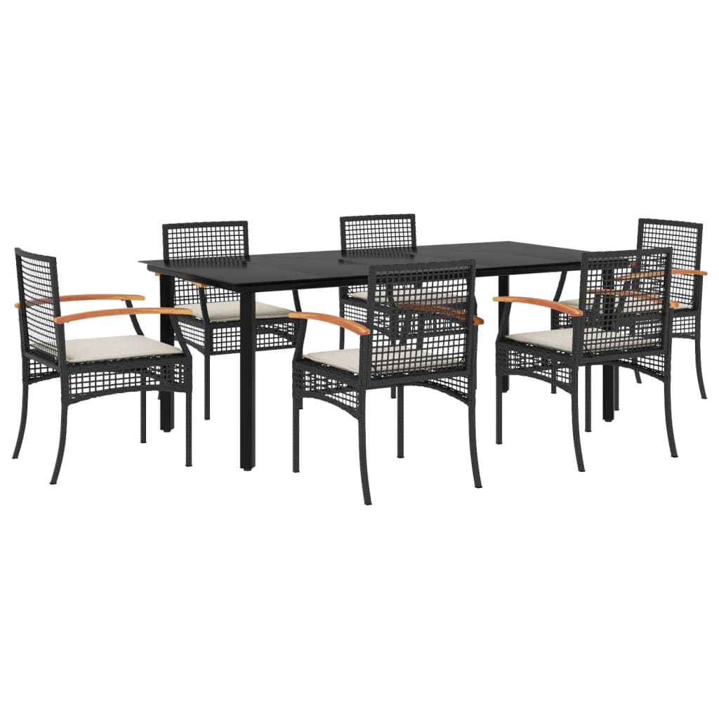 7-tlg. Garten-Essgruppe mit Kissen Schwarz Poly Rattan