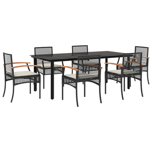 7-tlg. Garten-Essgruppe mit Kissen Schwarz Poly Rattan