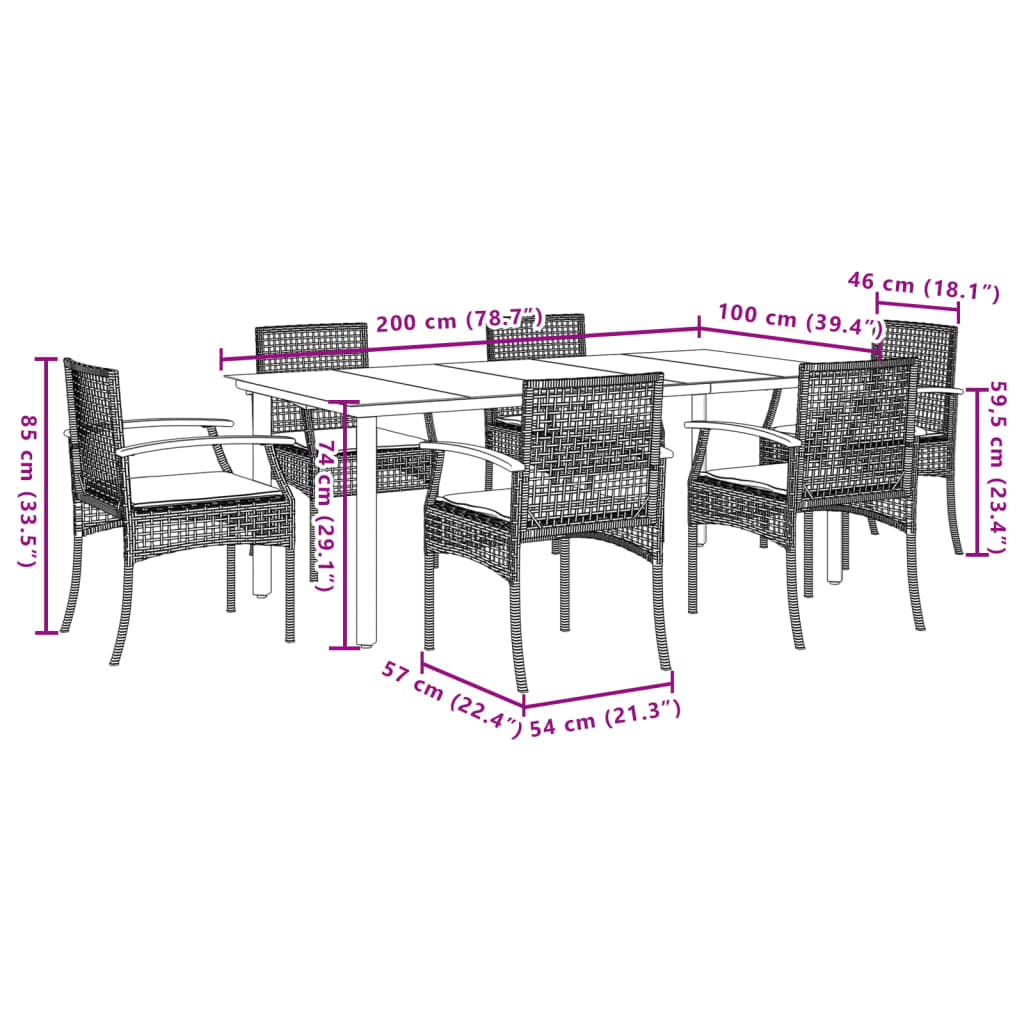 7-tlg. Garten-Essgruppe mit Kissen Schwarz Poly Rattan