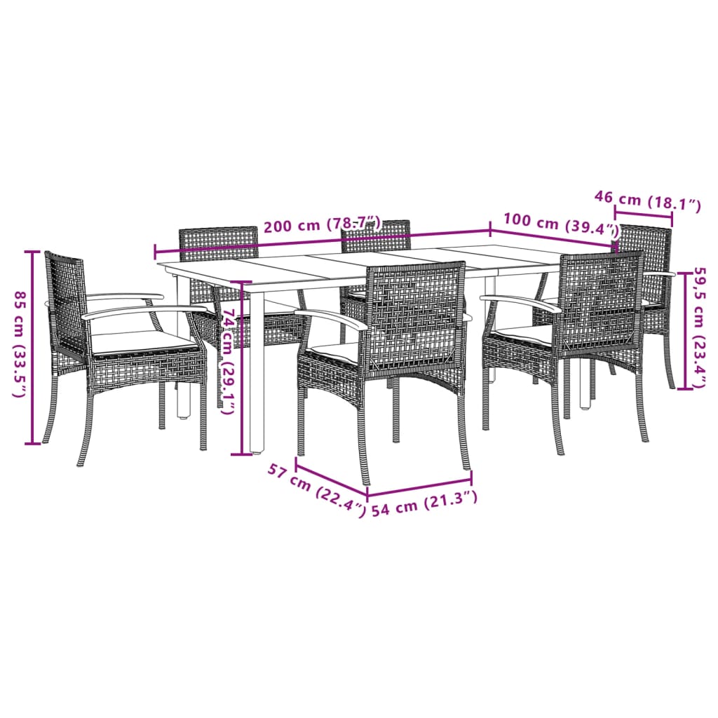 7-tlg. Garten-Essgruppe mit Kissen Grau Poly Rattan