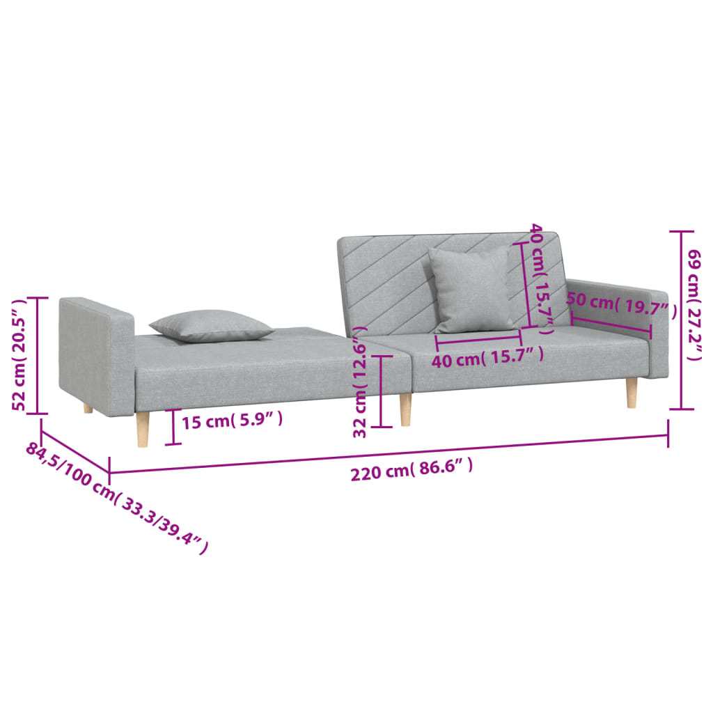 Schlafsofa 2-Sitzer mit 2 Kissen Hellgrau Stoff