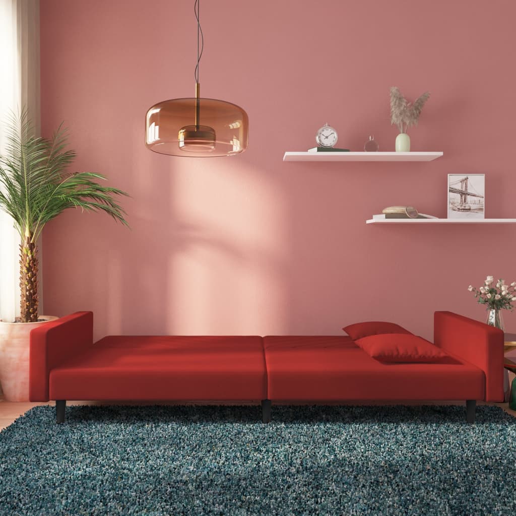 Schlafsofa 2-Sitzer mit 2 Kissen Weinrot Samt