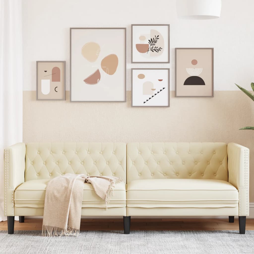 Chesterfield sofa 3-personers creme imiteret læder