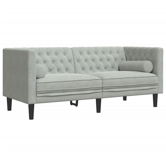 Chesterfield Sofa med Bolsters 2-personers lysegrå fløjl