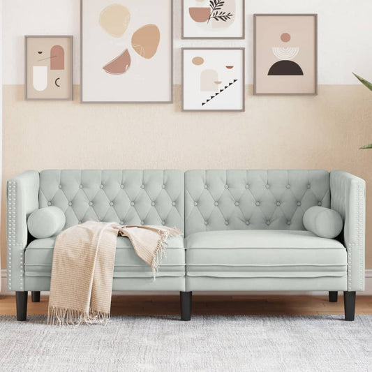 Chesterfield Sofa med Bolsters 2-personers lysegrå fløjl