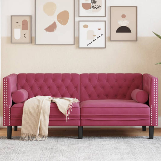 Chesterfield Sofa med Bolsters 2-personers vinrød fløjl