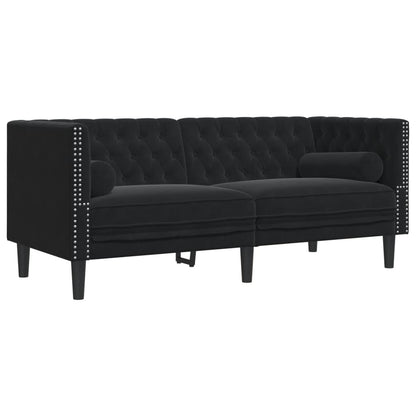 Chesterfield Sofa med Bolsters 2-personers sort fløjl