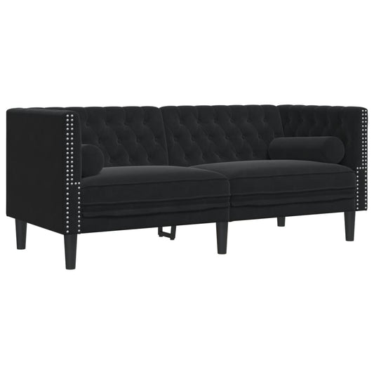 Chesterfield Sofa med Bolsters 2-personers sort fløjl