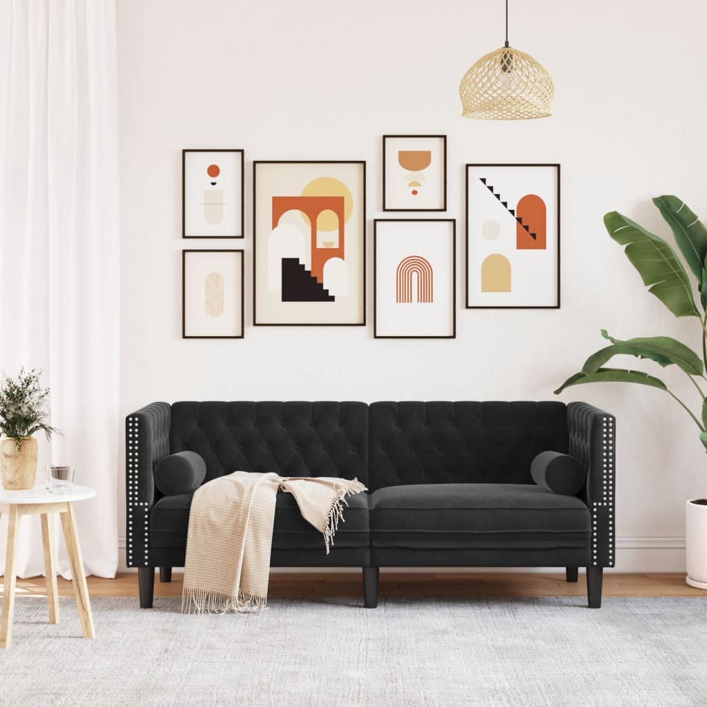 Chesterfield Sofa med Bolsters 2-personers sort fløjl