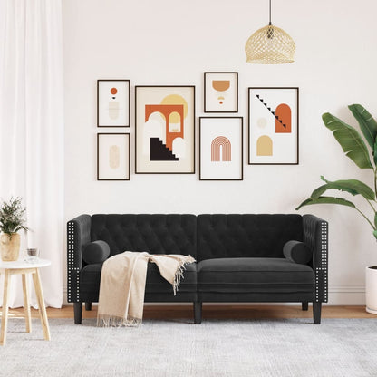Chesterfield Sofa med Bolsters 2-personers sort fløjl