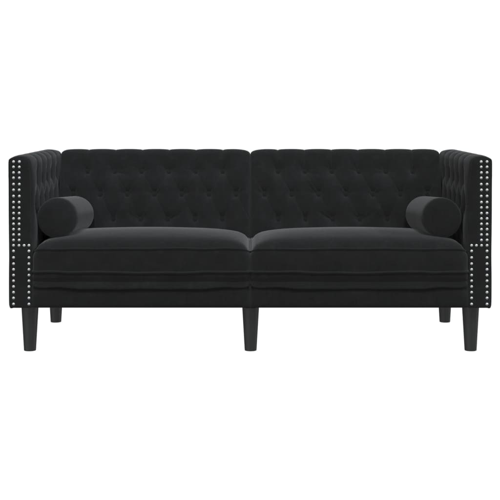 Chesterfield Sofa med Bolsters 2-personers sort fløjl