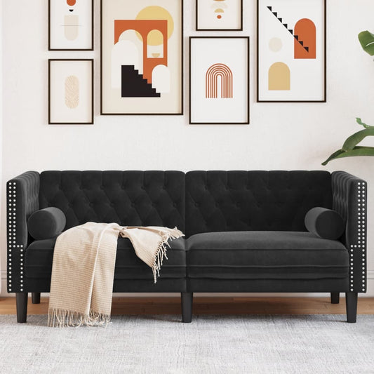 Chesterfield Sofa med Bolsters 2-personers sort fløjl