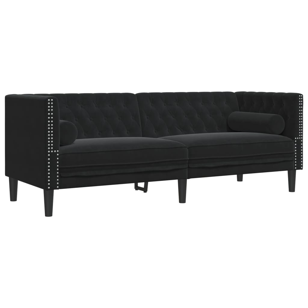 Chesterfield Sofa med Bolsters 3-personers sort fløjl
