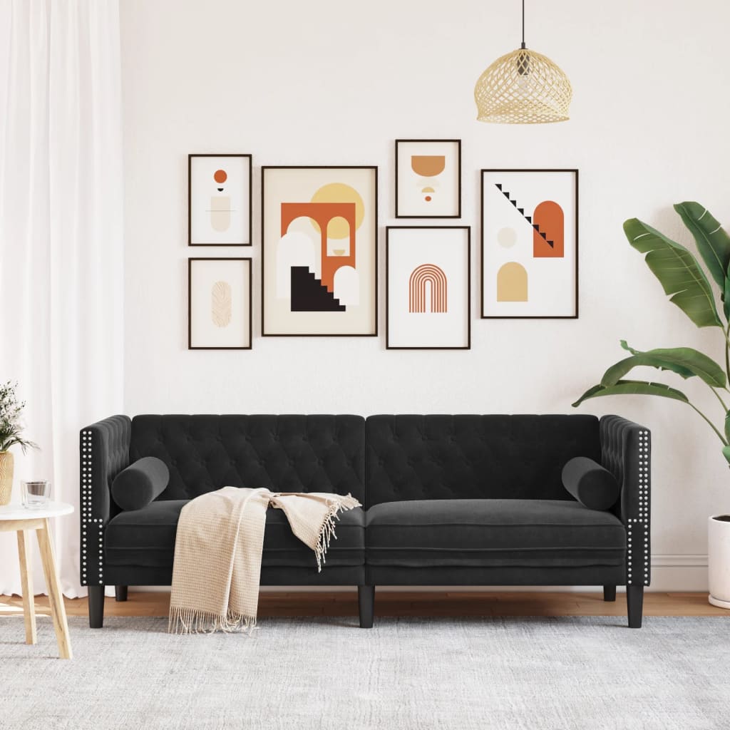 Chesterfield Sofa med Bolsters 3-personers sort fløjl
