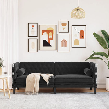 Chesterfield Sofa med Bolsters 3-personers sort fløjl