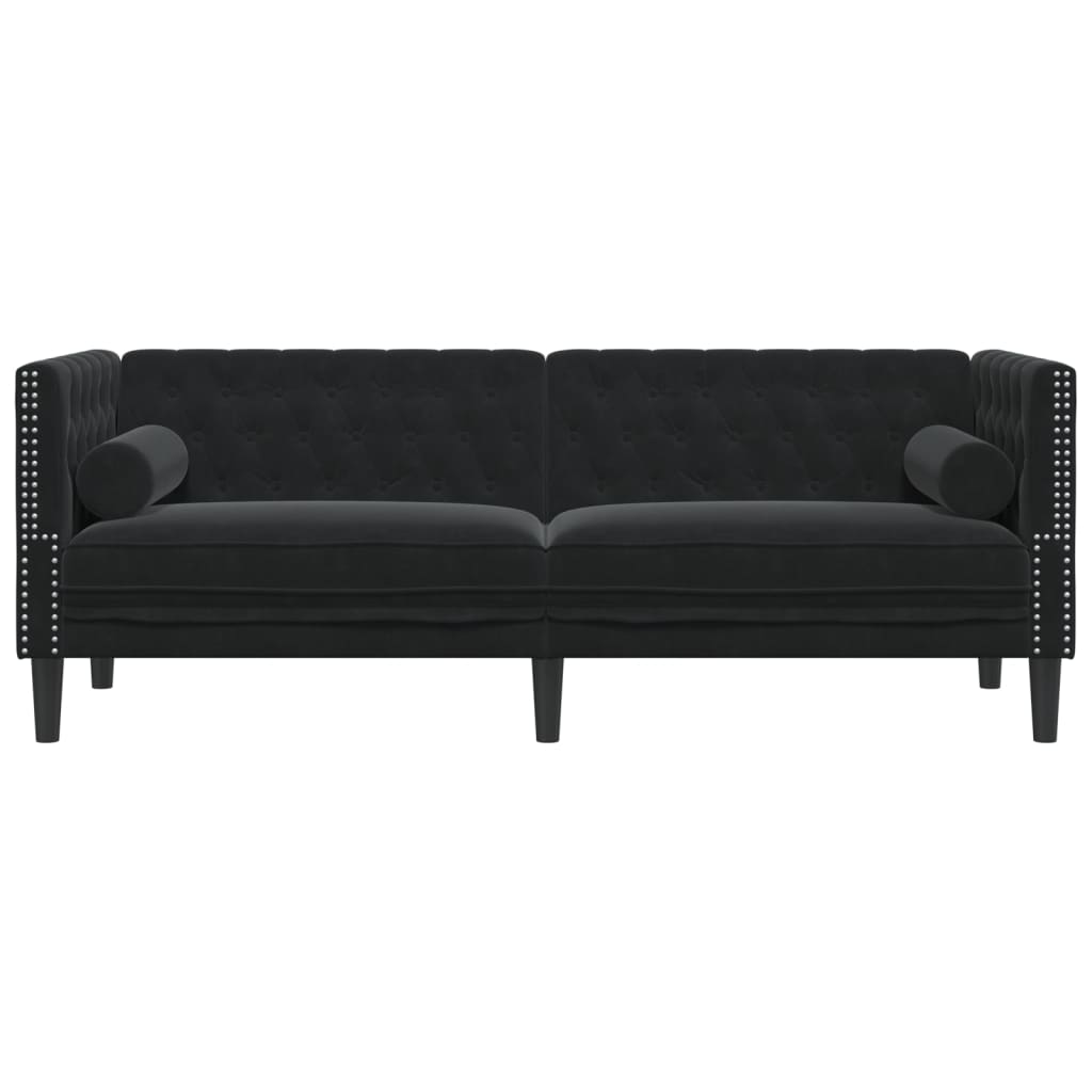 Chesterfield Sofa med Bolsters 3-personers sort fløjl