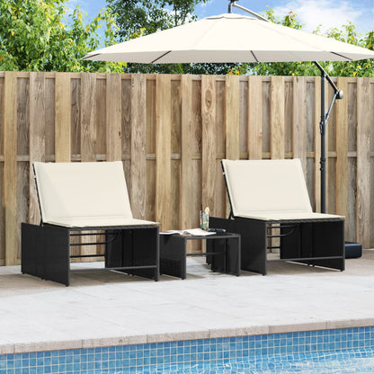 Modulare Sonnenliegen 2 Stk. mit Tisch Schwarz Poly Rattan