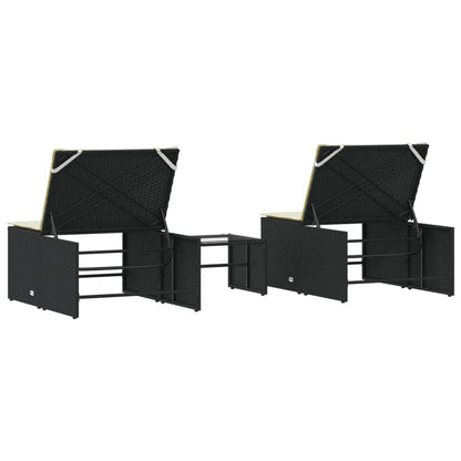 Modulare Sonnenliegen 2 Stk. mit Tisch Schwarz Poly Rattan