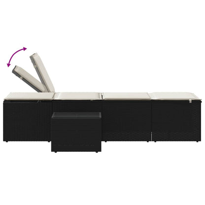 Modulare Sonnenliegen 2 Stk. mit Tisch Schwarz Poly Rattan