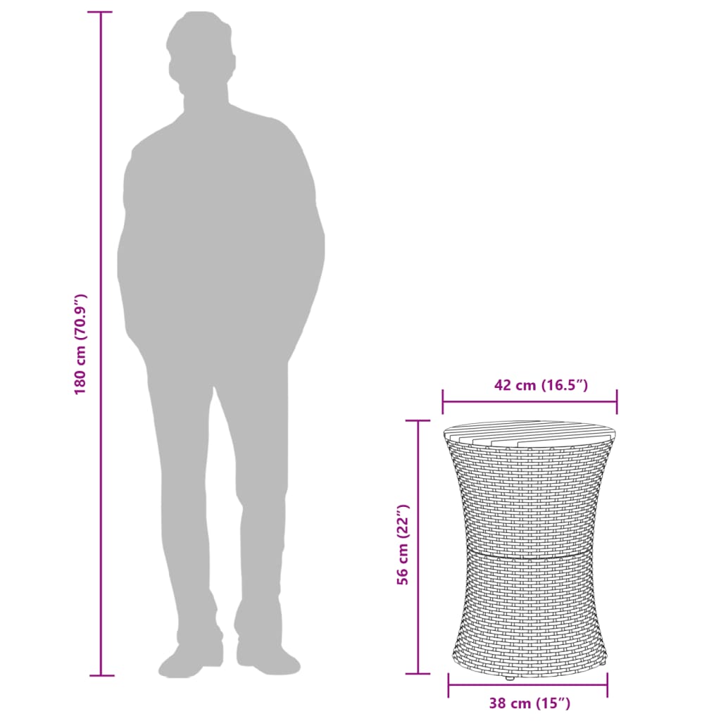 Havebord trommeform sort polyrattan massivt træ