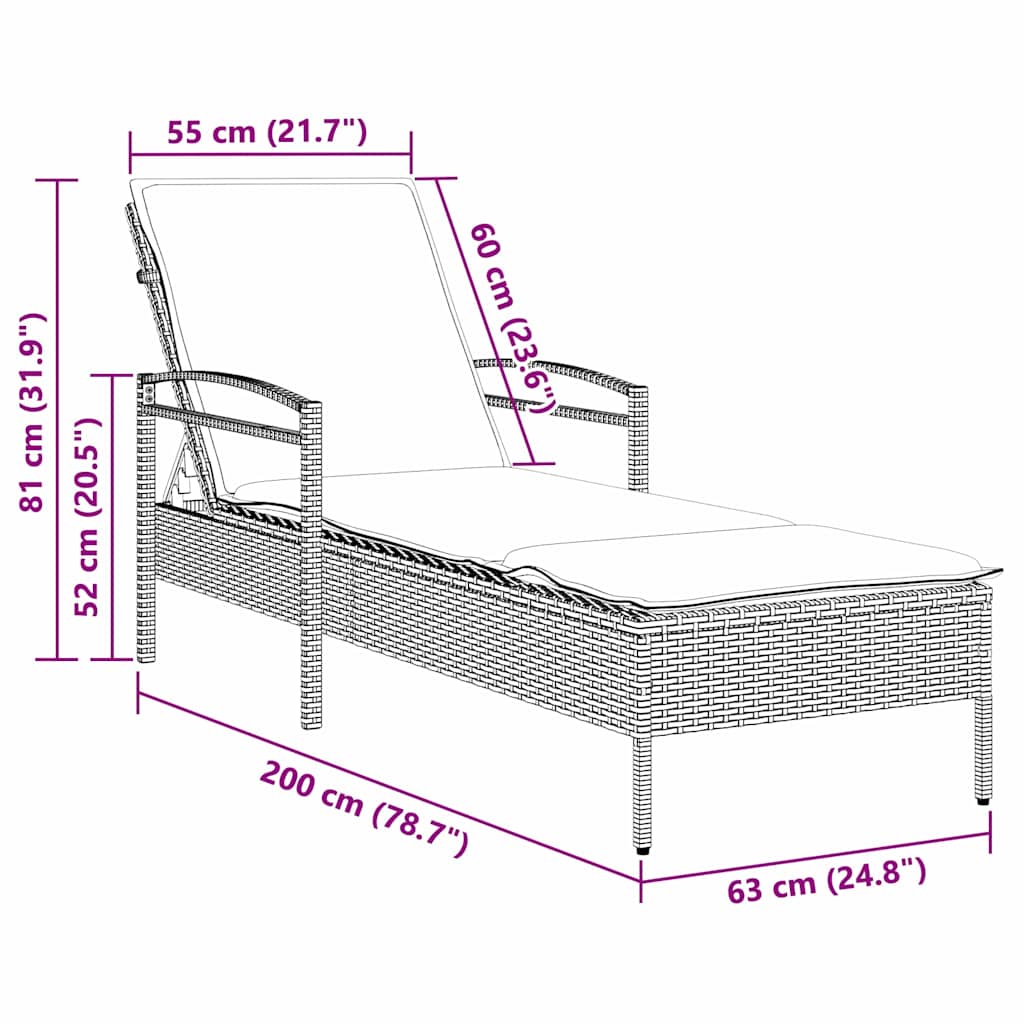Sonnenliege mit Kissen Schwarz 63 x 200 x 81 cm Poly Rattan