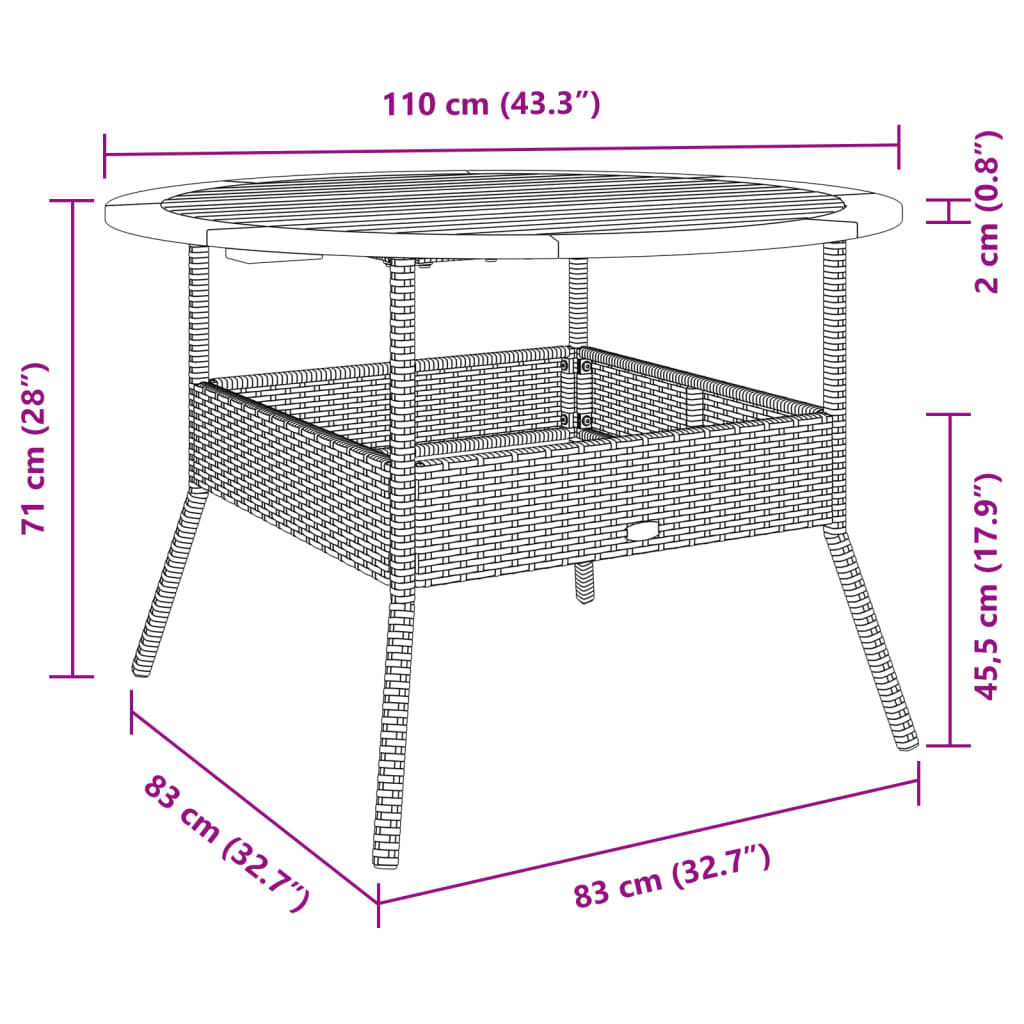 Havebord med træplade Sort Ø110x71 cm Poly Rattan