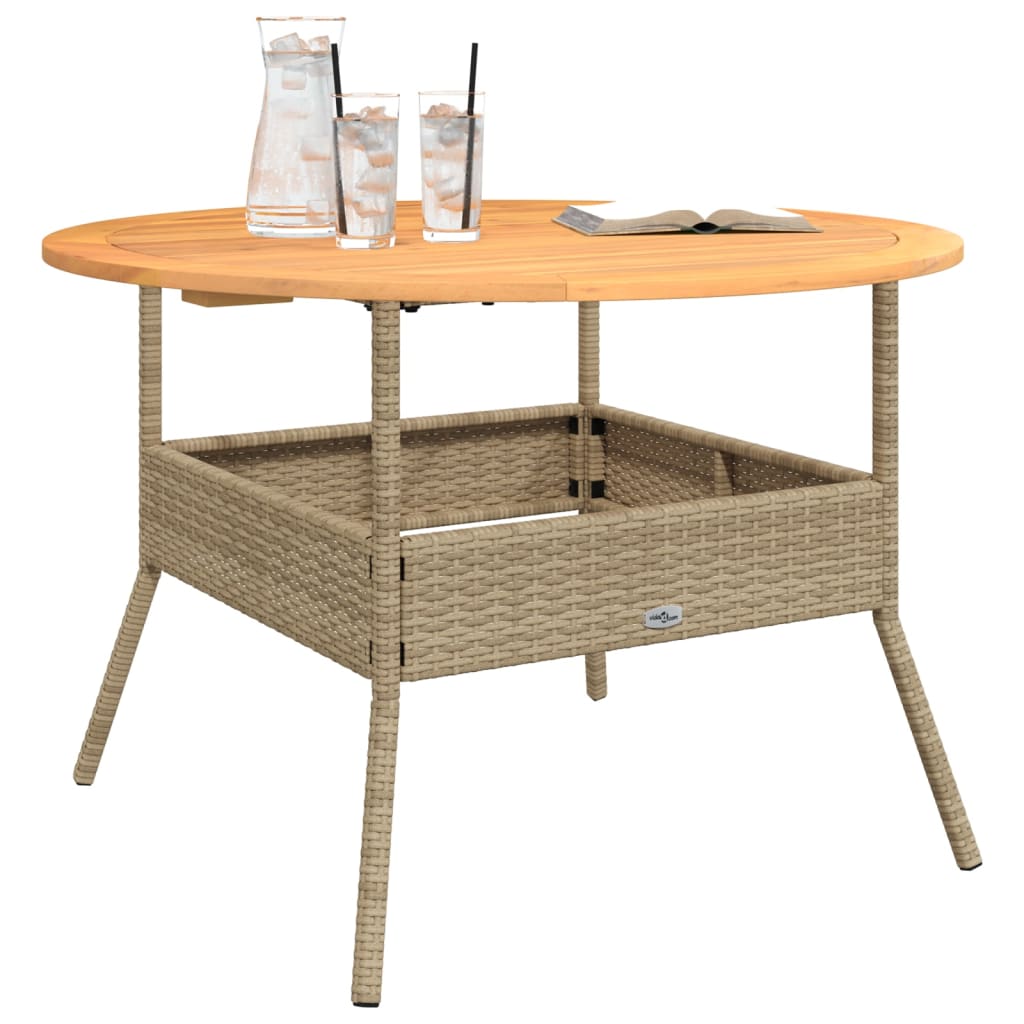 Havebord med træplade beige Ø110x71 cm polyrattan