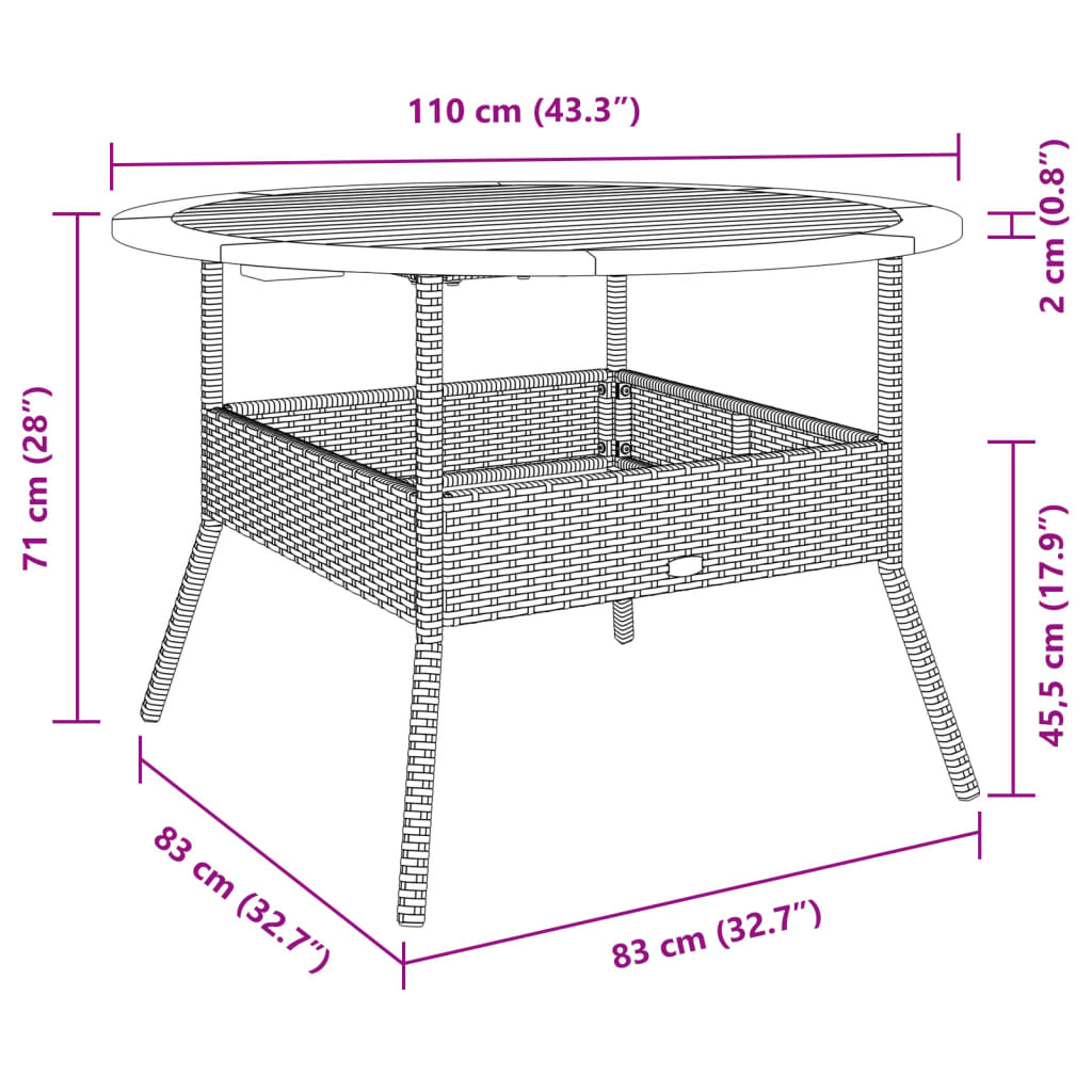 Havebord med træplade beige Ø110x71 cm polyrattan