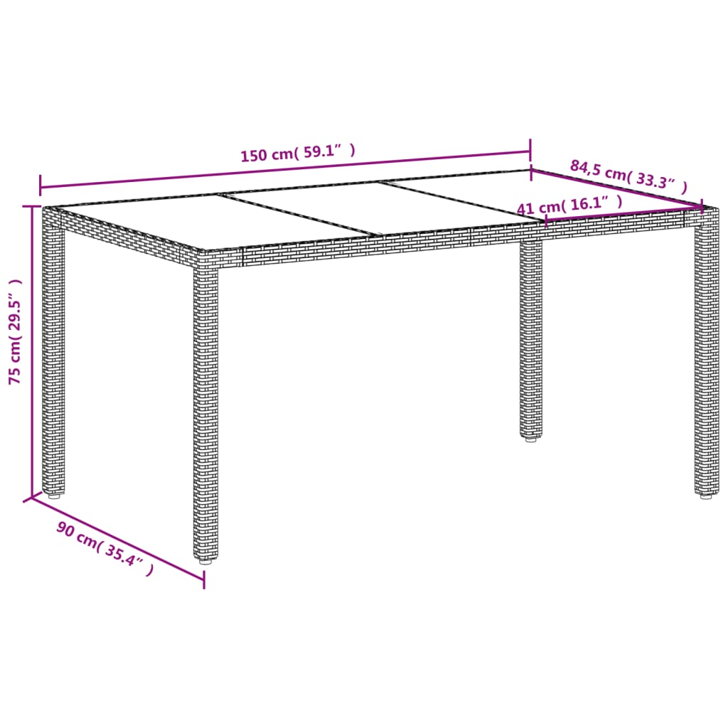 Havebord med glasplade hvid 150x90x75 cm polyrattan