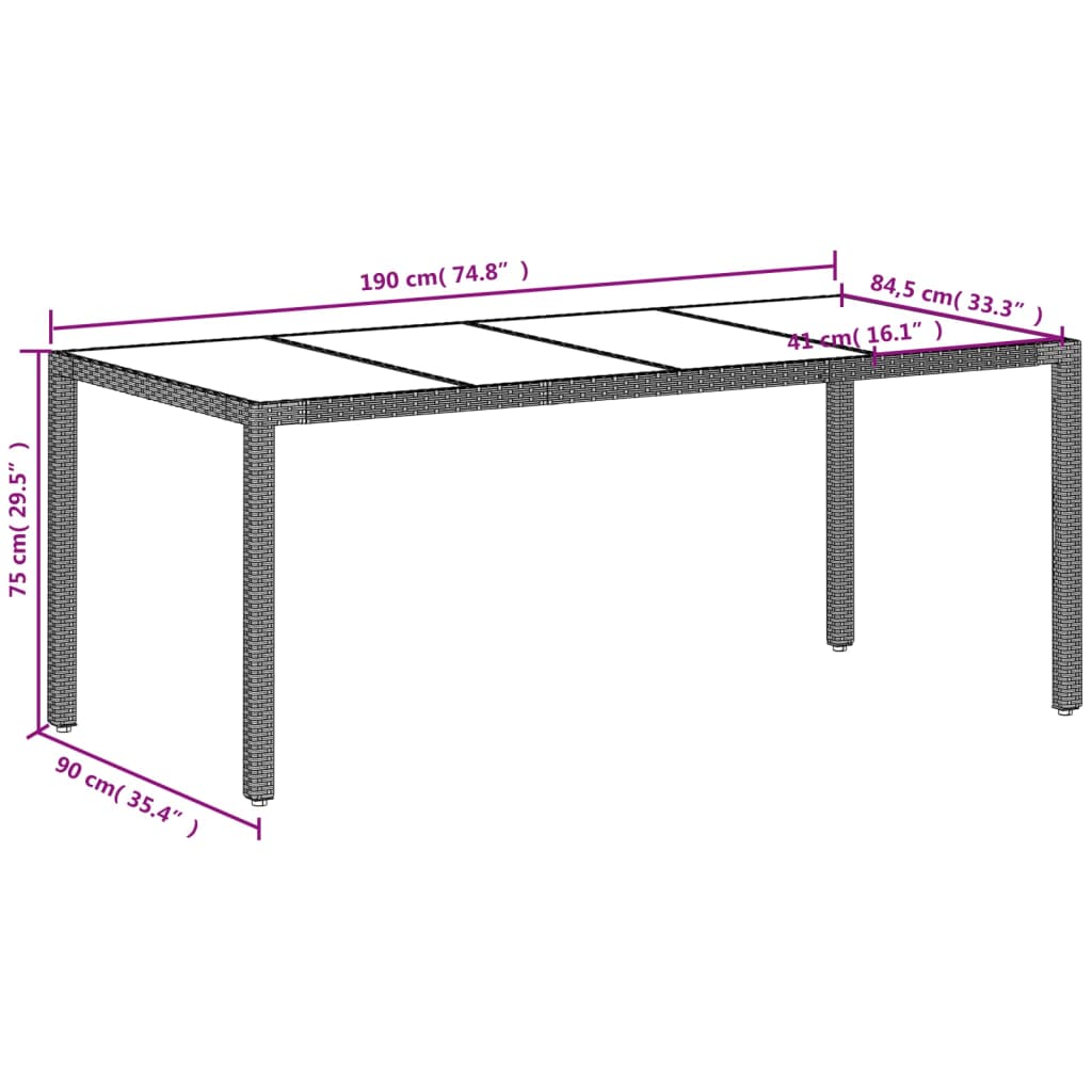 Havebord med glasplade lysegrå 190x90x75 cm polyrattan