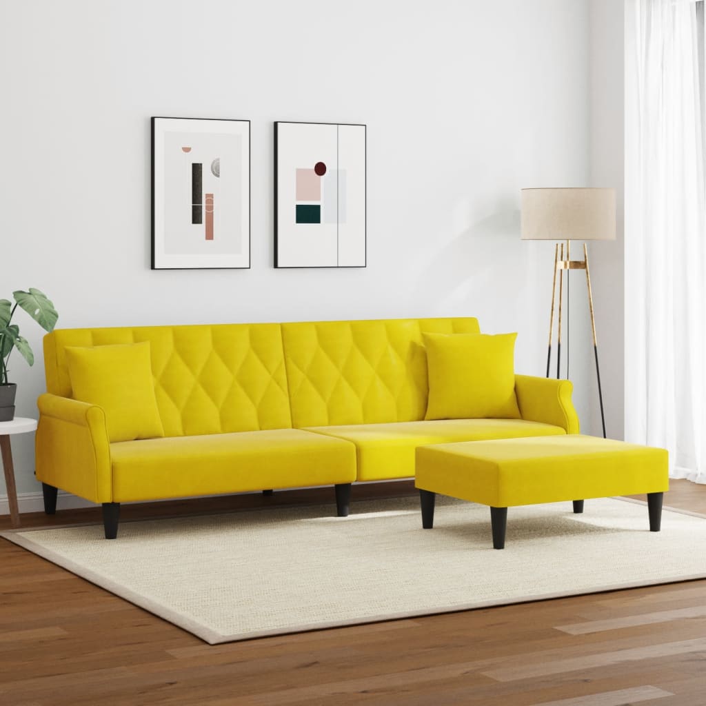 Schlafsofa 2-Sitzer mit Kissen und Fußhocker Gelb Samt