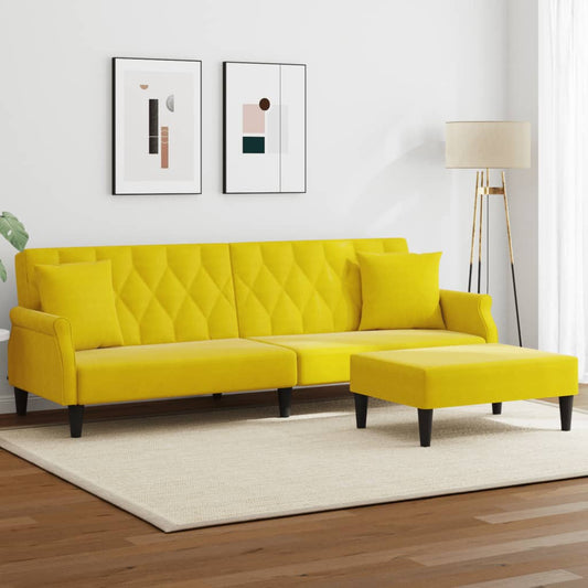 Schlafsofa 2-Sitzer mit Kissen und Fußhocker Gelb Samt