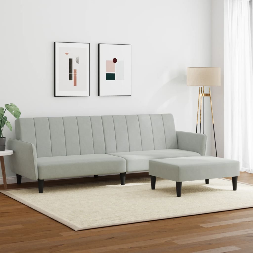 2-personers sovesofa med fodskammel lysegrå fløjl