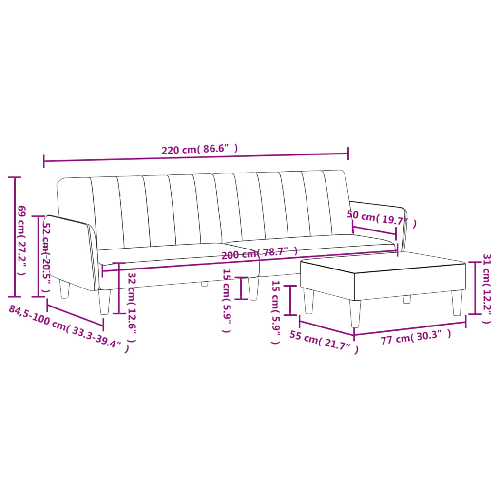 Schlafsofa 2-Sitzer mit Fußhocker Schwarz Samt