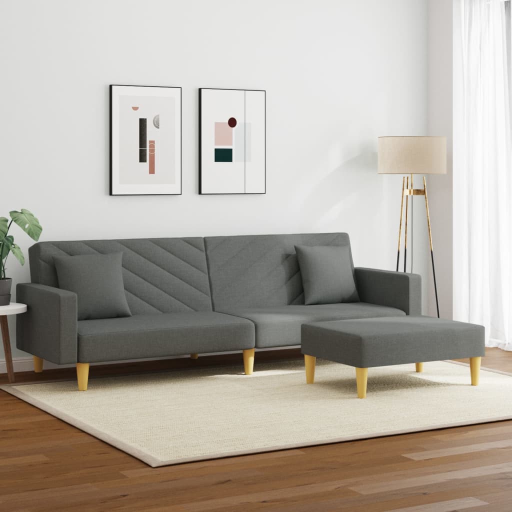 Sovesofa 2-personers med hynder og fodskammel mørkegrå stof
