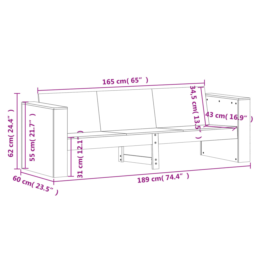 Havesofa 3-personers 189x60x62 cm massivt douglasgrantræ