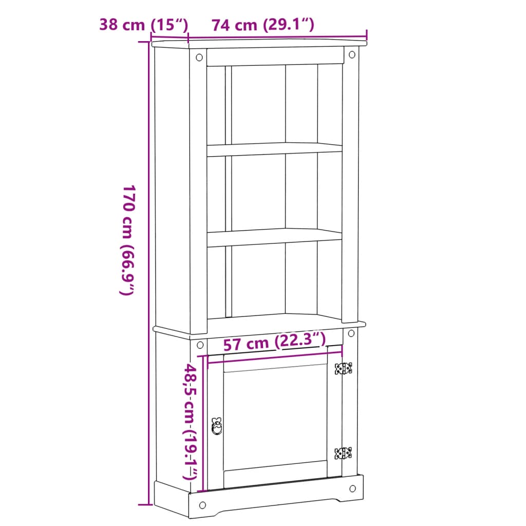 Highboard Corona 74x38x170 cm massiv fyrretræ