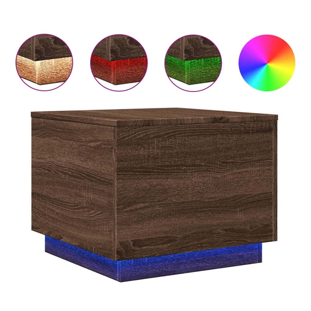 Sofabord med LED lys brun eg look 50x50x40 cm