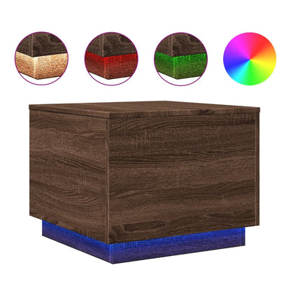 Sofabord med LED lys brun eg look 50x50x40 cm