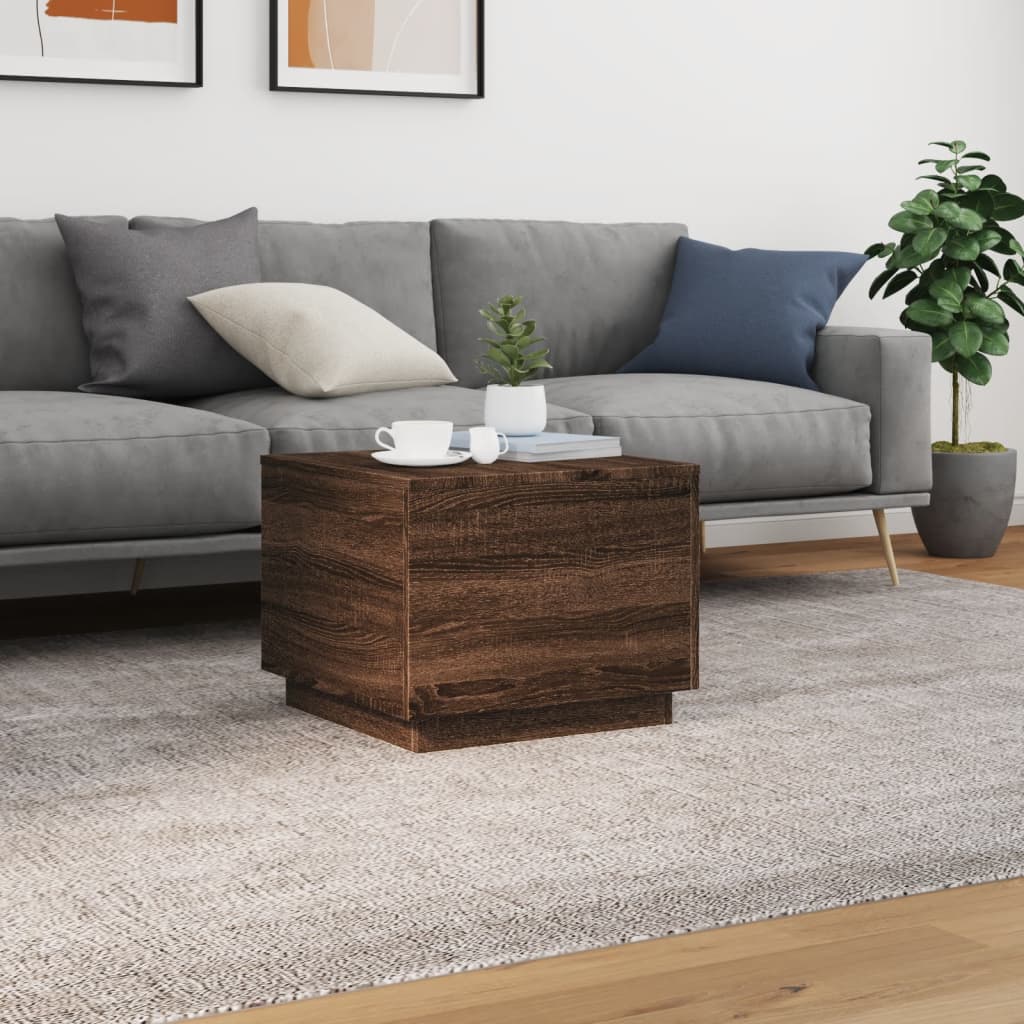 Sofabord med LED lys brun eg look 50x50x40 cm