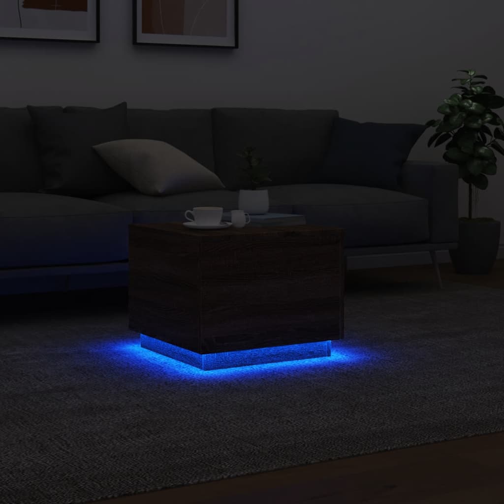 Sofabord med LED lys brun eg look 50x50x40 cm